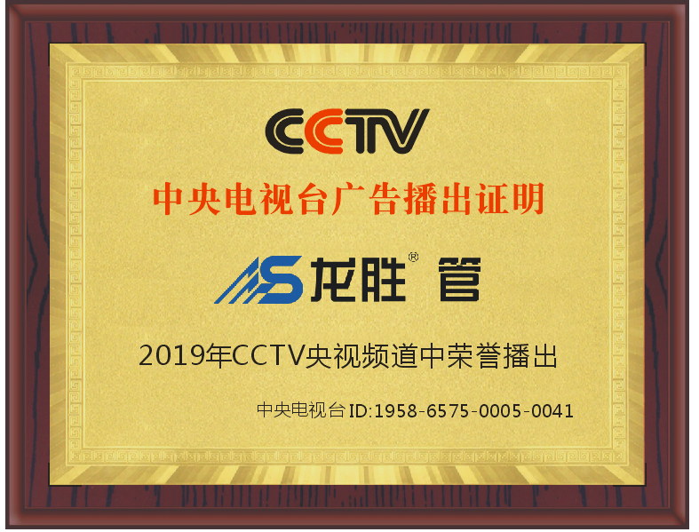 龍勝管2019年CCTV中央電視臺(tái)廣告播出證明